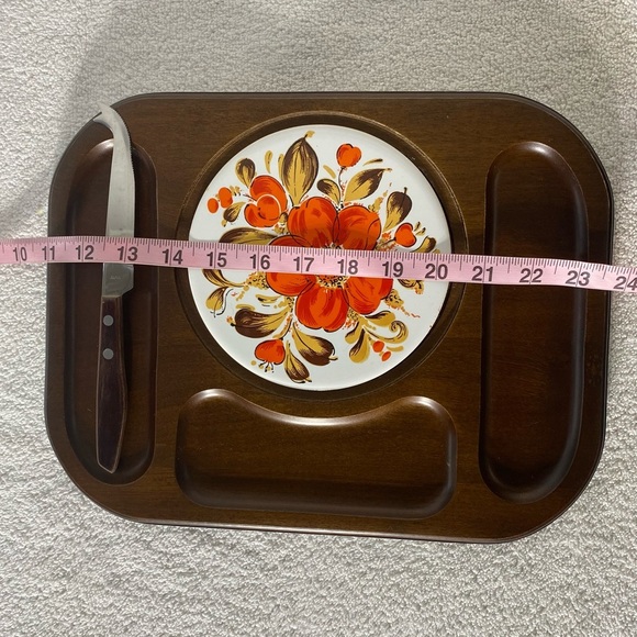 Vintage MCM Autumn Flower Tile Wooden Cheese Board Charcuterie Board W Knife - Picture 2 of 14